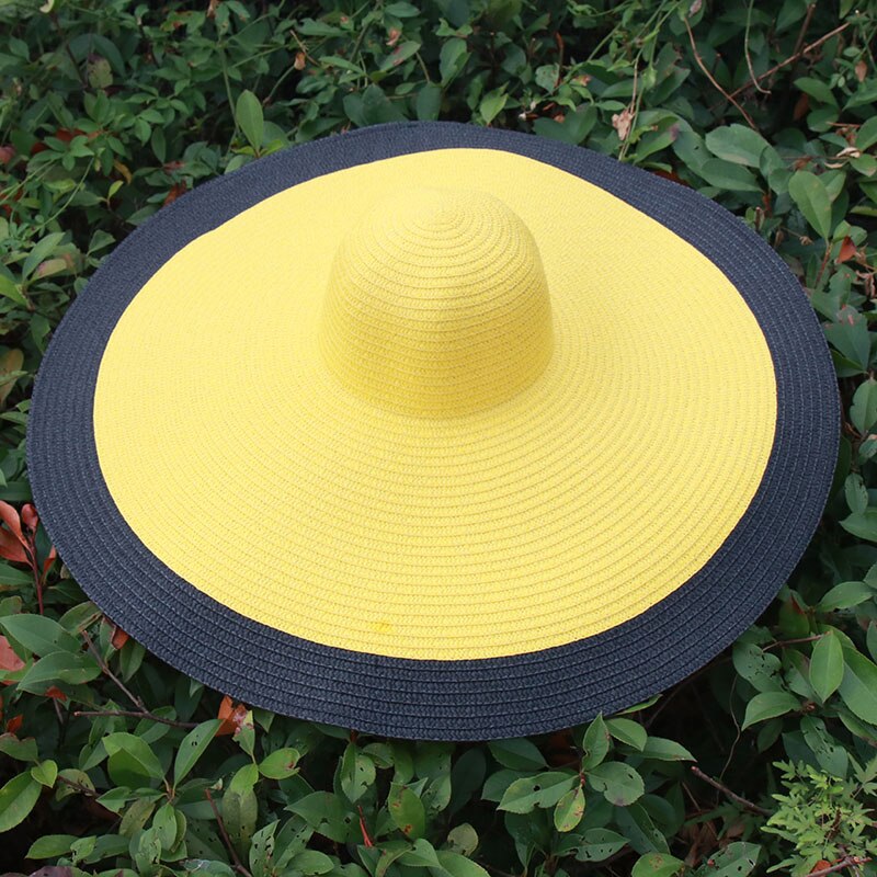 25CM Wide Brim Oversized Beach Hats For Women Large Straw Hat UV Protection Foldable Sun Shade Hat yellow black
