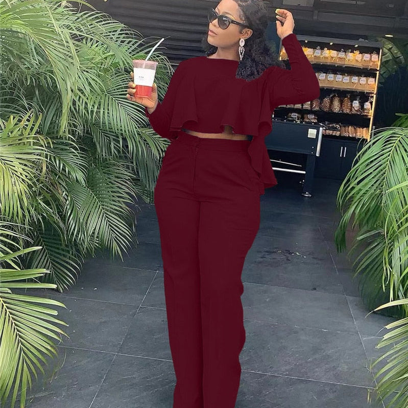 Elegant Work Wear Two Piece Set Fall Clothes for Women Ruffles Crop Top and Wide Leg Pants Suits Matching Sets Sexy Club Outfits Claret
