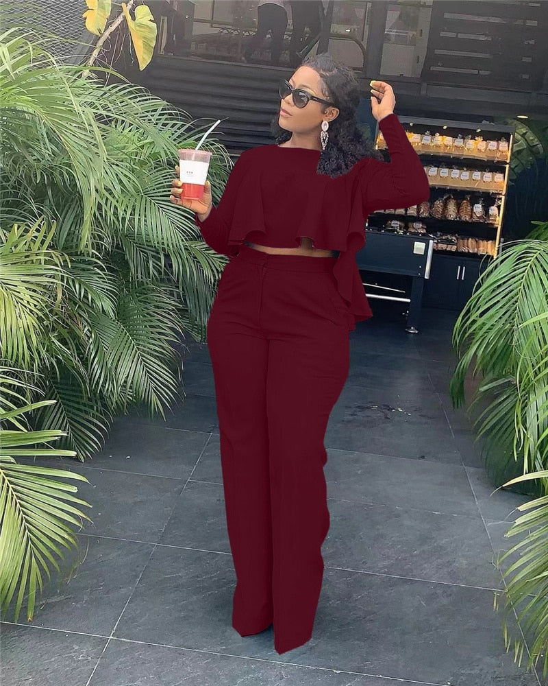 Elegant Work Wear Two Piece Set Fall Clothes for Women Ruffles Crop Top and Wide Leg Pants Suits Matching Sets Sexy Club Outfits Claret