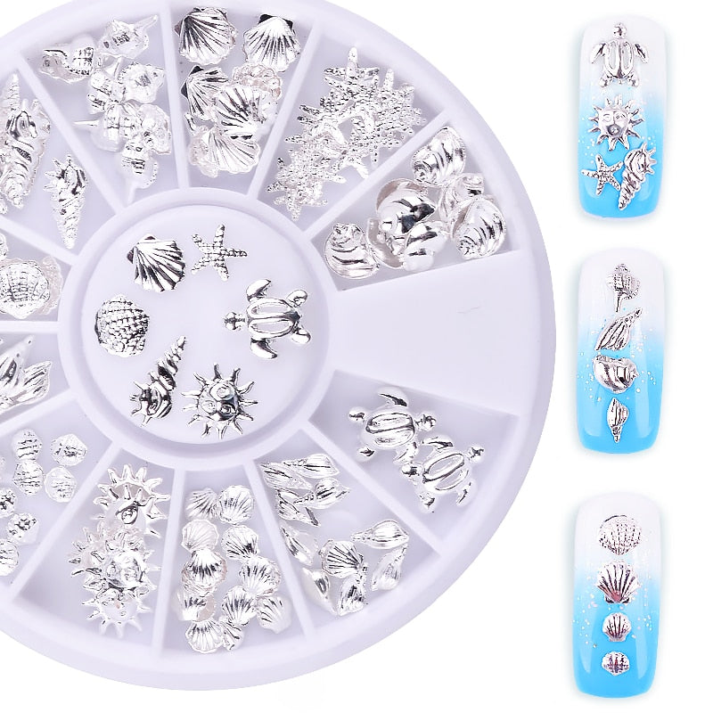 Fashion Metal Sea Animal Stickers for Nails Cute Shell Shape Nail Art Decorations for Manicure