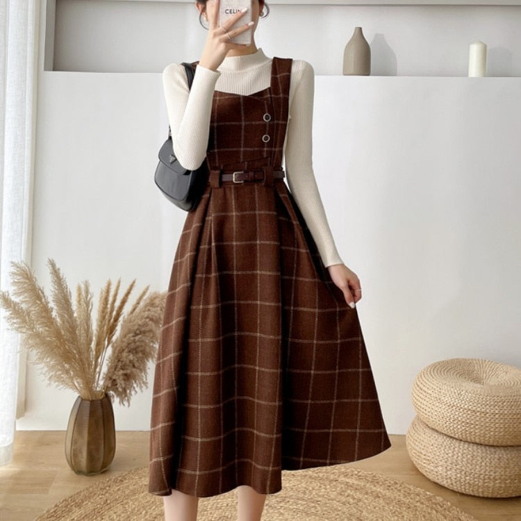 Autumn Winter Lady Fashion Malance Abito set da 2 pezzi Donne Black Knitting Top + Abito Midi in Tweed Ploid Tweed Slim Swing