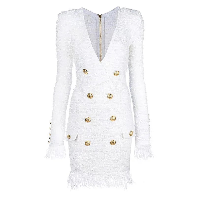 Fall Winter Newest Designer Dress Women's V-neck Long Sleeve Lion Buttons Tassel Fringed Tweed Dress