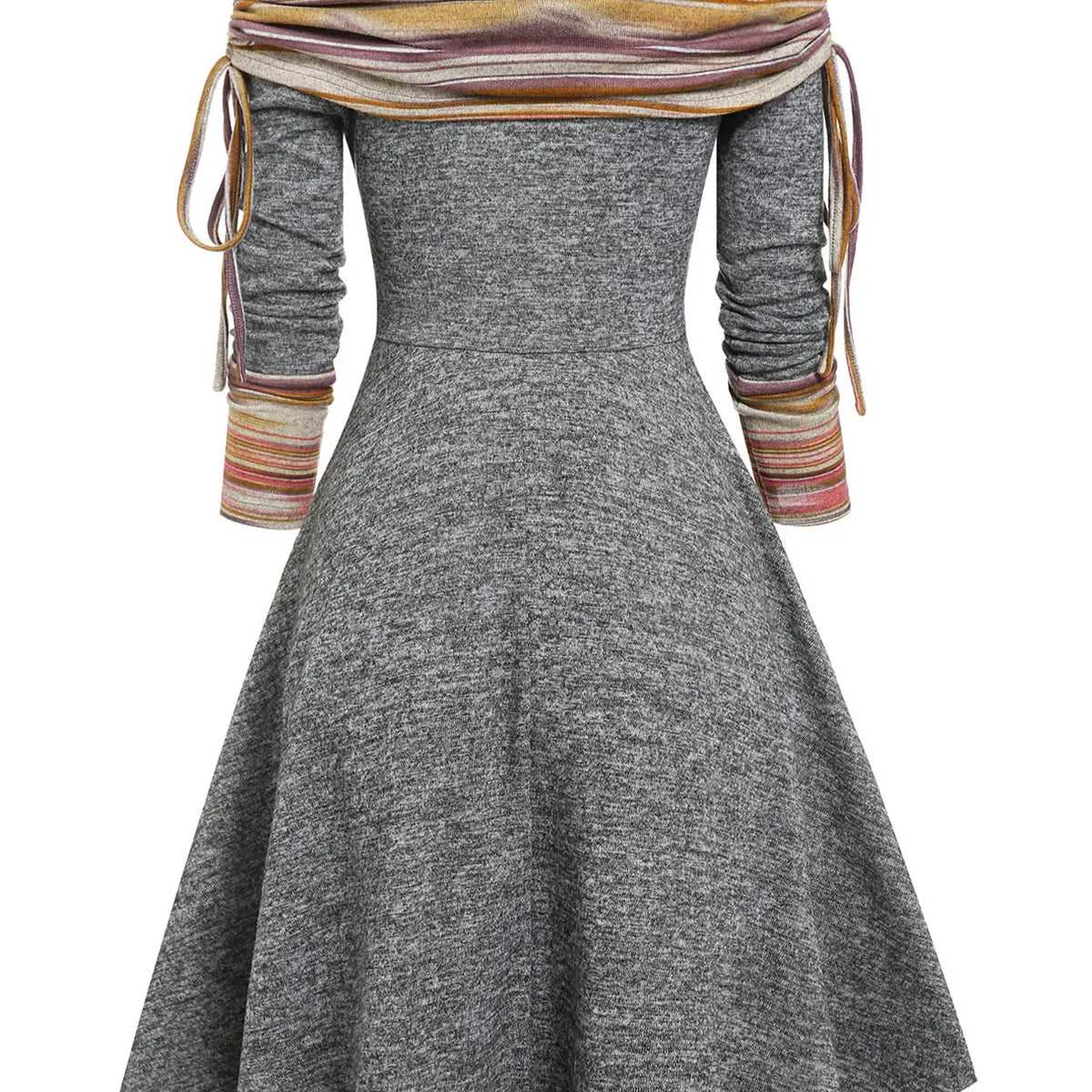 Convertible Cinched Striped Flare Dress Foldover Off The Shoulder Knitted Dresses Women Long Sleeve Jurken