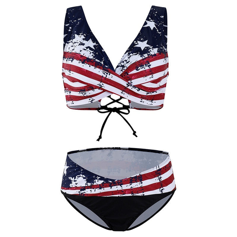 Swimwear women Padded Push-up Bra Bikini Set American flag Print sexy Swimsuit Low Waist Bathing Suit Swimming suit for women