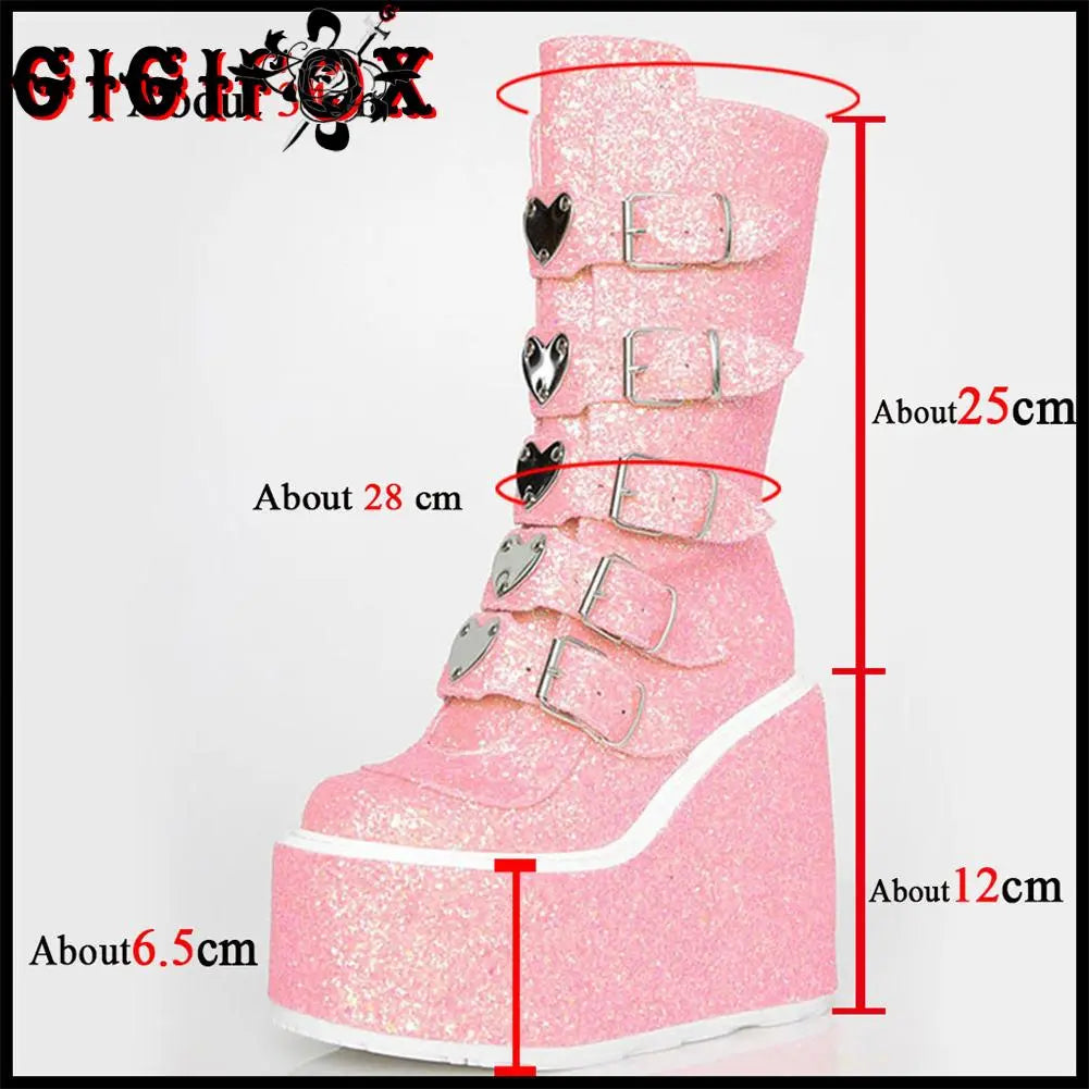 GIGIFOX Brand New Big Size 43 Black Pink Goth Cool Punk Motorcycle Boots Platform Wedges High Heels Chunky Boots Women Shoes