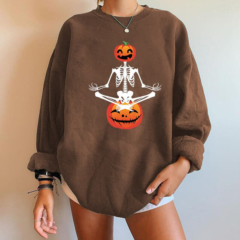BoozRey Halloween Women Falling Shoulder Sweater Skeleton Pumpkin Head Ghost Face Sweater Long Sleeve Women Top Party Outfits coffee