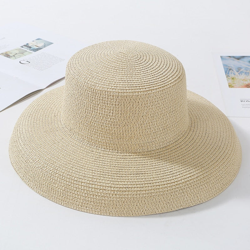 HT2303 New Summer Sun Hats Ladies Solid Plain Elegant Wide Brim Hat Female Round Top Panama Floppy Straw Beach Hat Women Beige