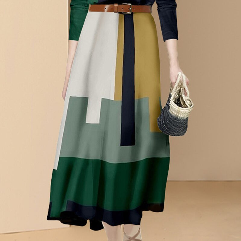 New Fashion Office Suits Women Spring Fall Long Sleeve Hit Color Shirts Top High Waist Midi A-Line Belt Slim Skirt Two Piece Set