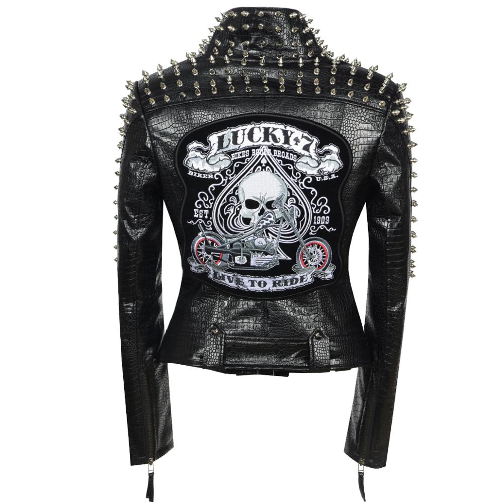 SX Occident Fashion women Club hot style Stud slim fit jacket shoulder rivets zip stitching short PU leather rock coat