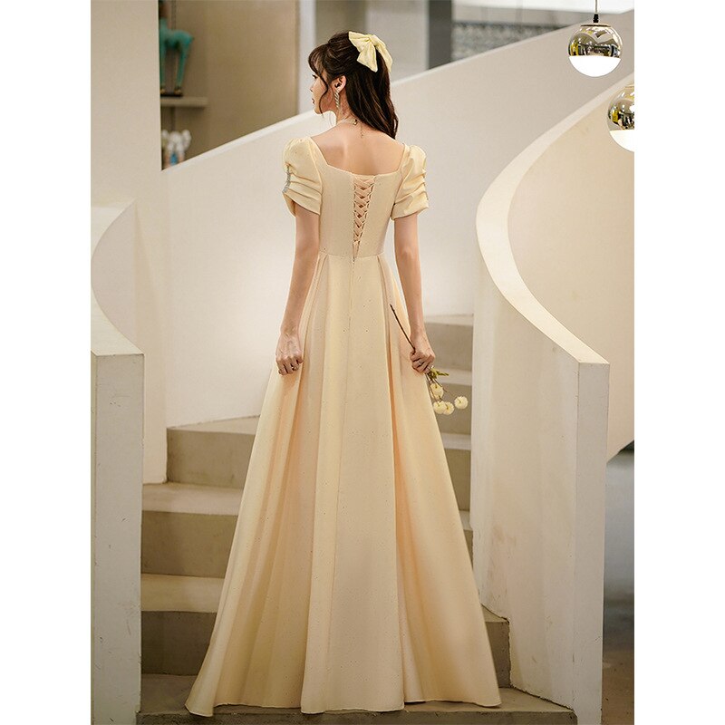 French Style Simple Evening Dress Champagne Puff Sleeve Long Dresses Women's Elegant Banquet Bandage Gowns