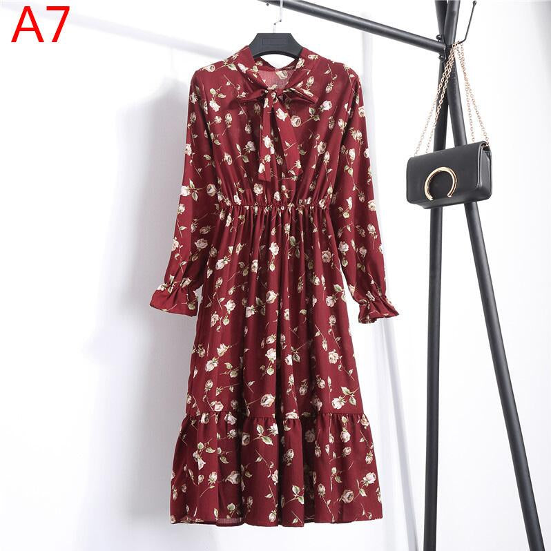 Plus Size Women's Clothing Long Sleeve Chiffon Shirt Dresses For Women Red Bow Floral Club Party Autumn Winter платье Woman A7