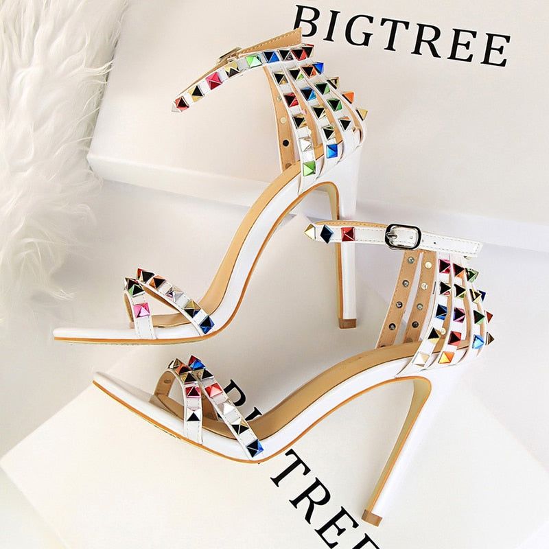 Shoes Color Rivets Women Sandals Roman Style Heeled Sandals Hollow Out High Heels Stiletto Sexy Party Shoes Sandals white