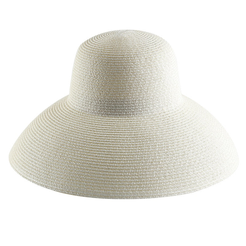 Summer hat new female sun hat folding beach hat big brim travel sunscreen Hepburn wind sun hat travel white Spain 55-58CM