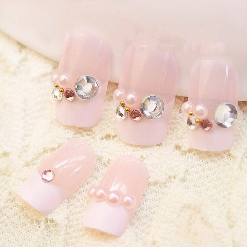 24pcs False Nails Floral Beads Decorated Artificial Nail Tips Bride Reusable Fingernails Fake Nail Press On Nail накладные ногти 14