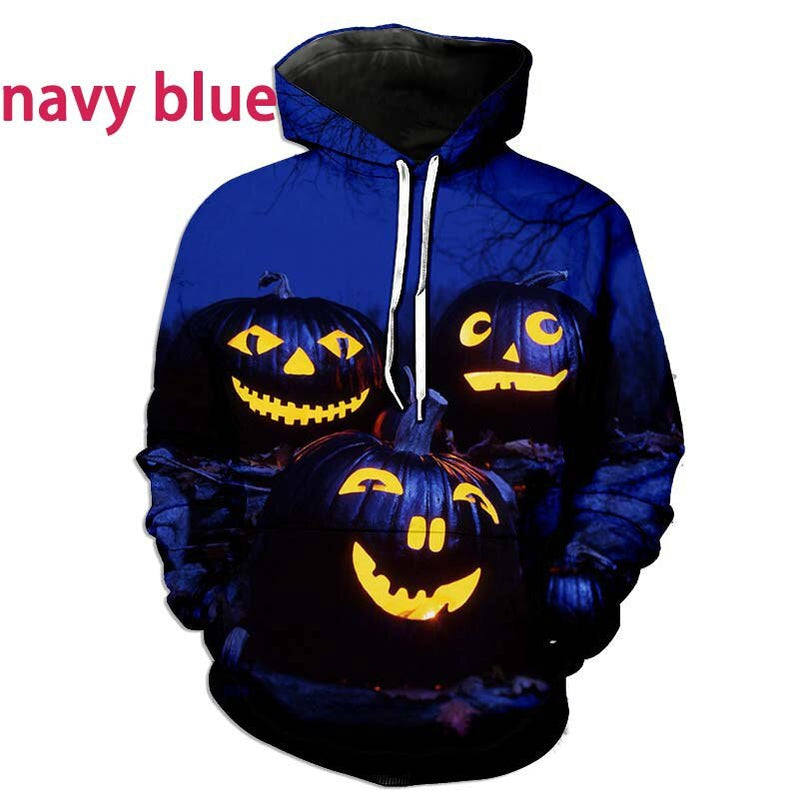 New Fashion Long Sleeve Top Halloween 3D Hoodie Funny Sweater Navy Blue