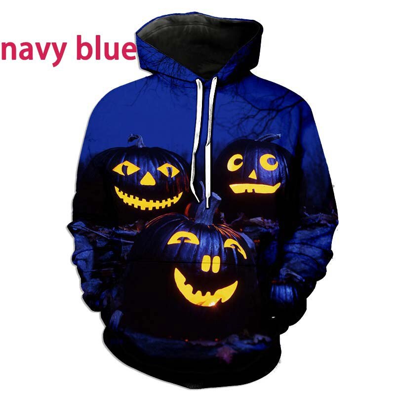 New Fashion Long Sleeve Top Halloween 3D Hoodie Funny Sweater Navy Blue