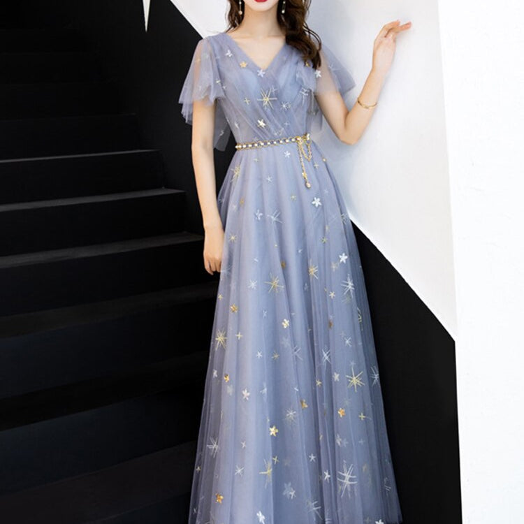 Duble V-neck Homecoming Dress Haze Blue Ruffles Sleeve Stars Sequins Tulle Long Prom Robe A-line Elegant Formal Party Dress Haze Blue
