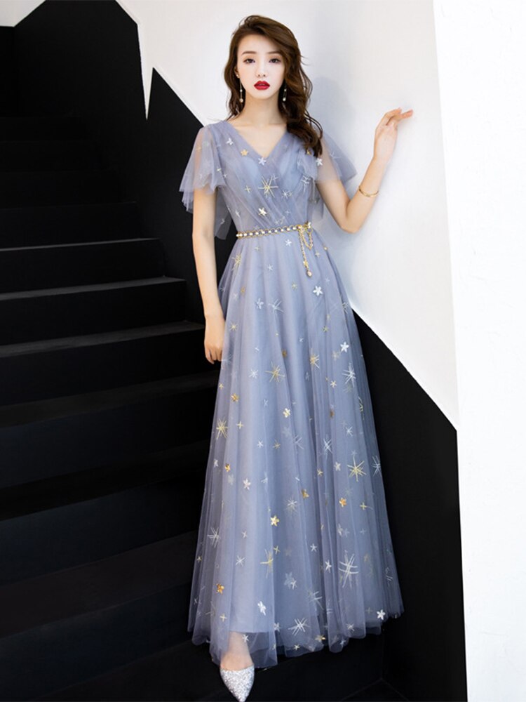 Duble V-neck Homecoming Dress Haze Blue Ruffles Sleeve Stars Sequins Tulle Long Prom Robe A-line Elegant Formal Party Dress Haze Blue