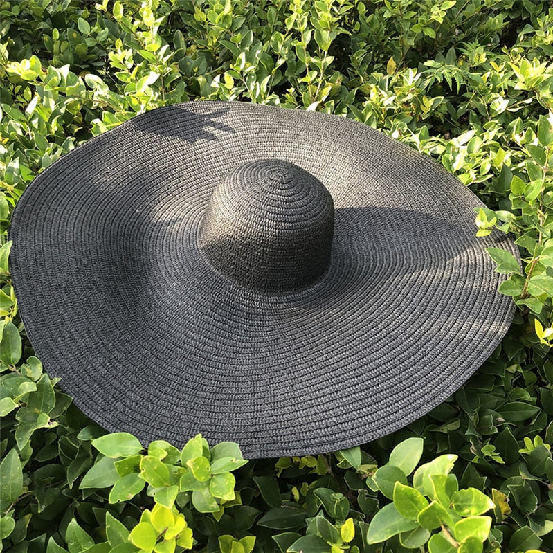 25CM Wide Brim Oversized Beach Hats For Women Large Straw Hat UV Protection Foldable Sun Shade Hat black