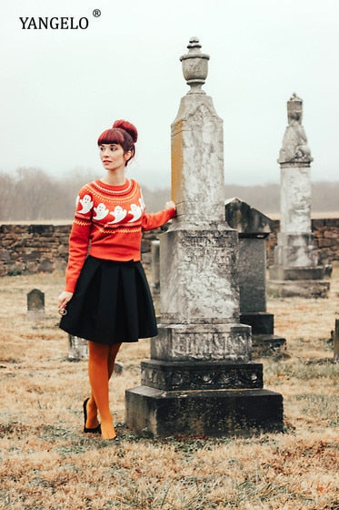 Y2k Sweaters Women Halloween's Clothes Gothic Ghost Knitted Pullover for Autumn Winter Purple Streetwear Girl's Top