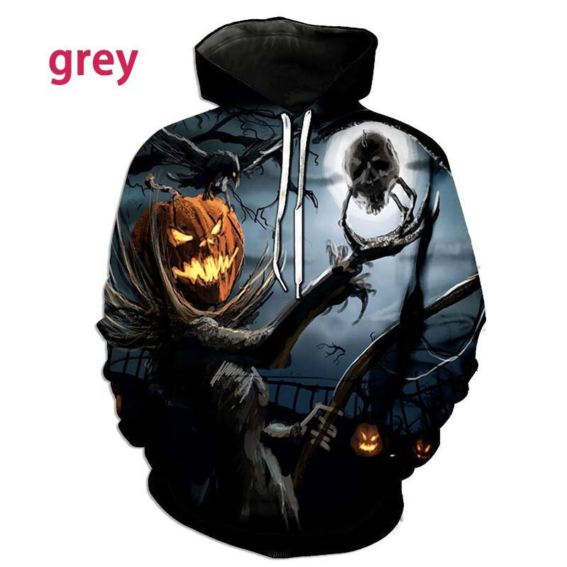 New Fashion Long Sleeve Top Halloween 3D Hoodie Funny Sweater Gray