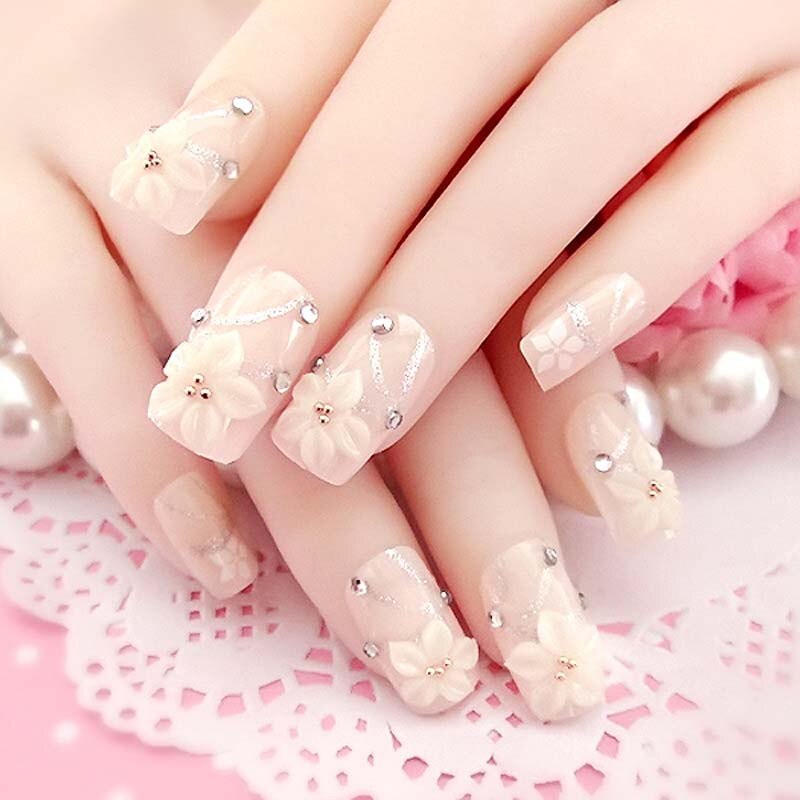 24pcs False Nails Floral Beads Decorated Artificial Nail Tips Bride Reusable Fingernails Fake Nail Press On Nail накладные ногти 39