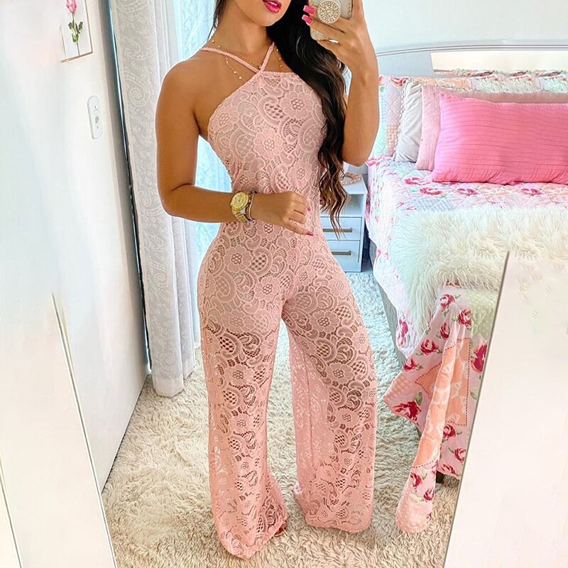 Elegant Jumpsuit Women Summer Halter Sleeveless Crochet Lace High Slit See Through Holiday Long Sexy Long One Piece Suits