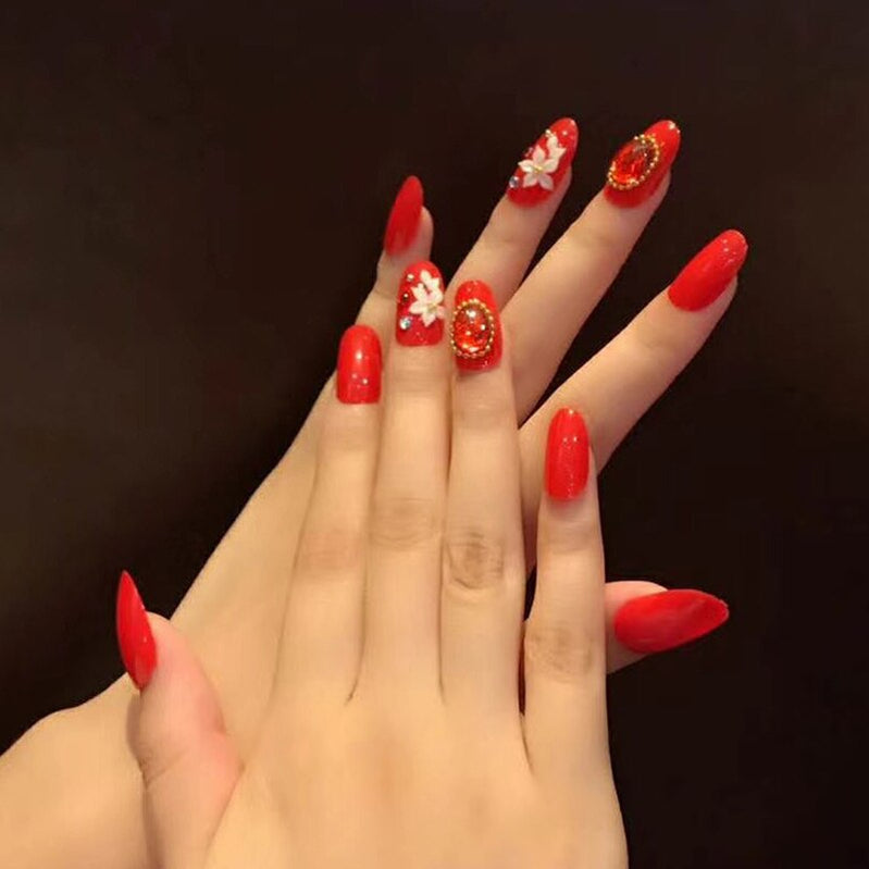 24pcs False Nails Floral Beads Decorated Artificial Nail Tips Bride Reusable Fingernails Fake Nail Press On Nail накладные ногти 22