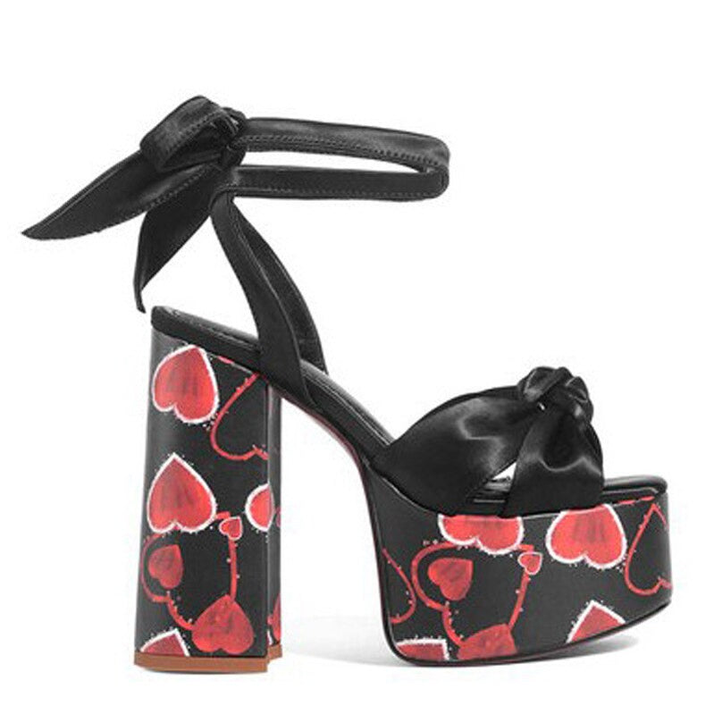 Women Sandals Summer Shoes Sexy Thick High Heels Platform 10 colors Dress Party Wedding Shoes Woman Pumps Bow love heels Black heart