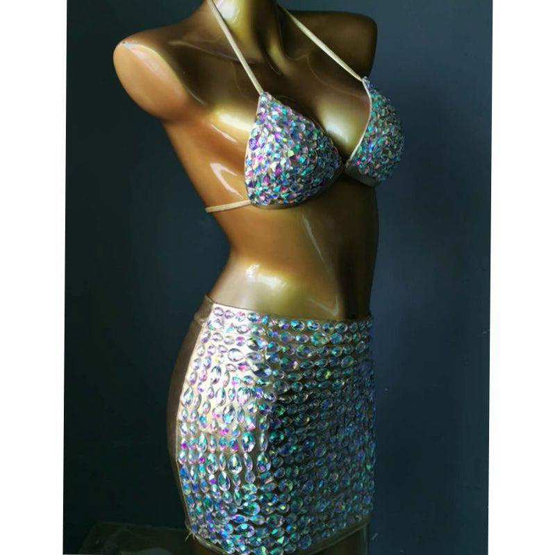 Rhinestone Tassels Women Skirt High-End Customized Diamond Evening Dress Manual Stitched Crystal Party Bikini Set