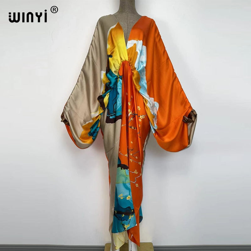 Sexy bech hand-rolled feel silk rayon fashion print Maxi Women's robes long beach V-neck Bohemian dress 4 One Size