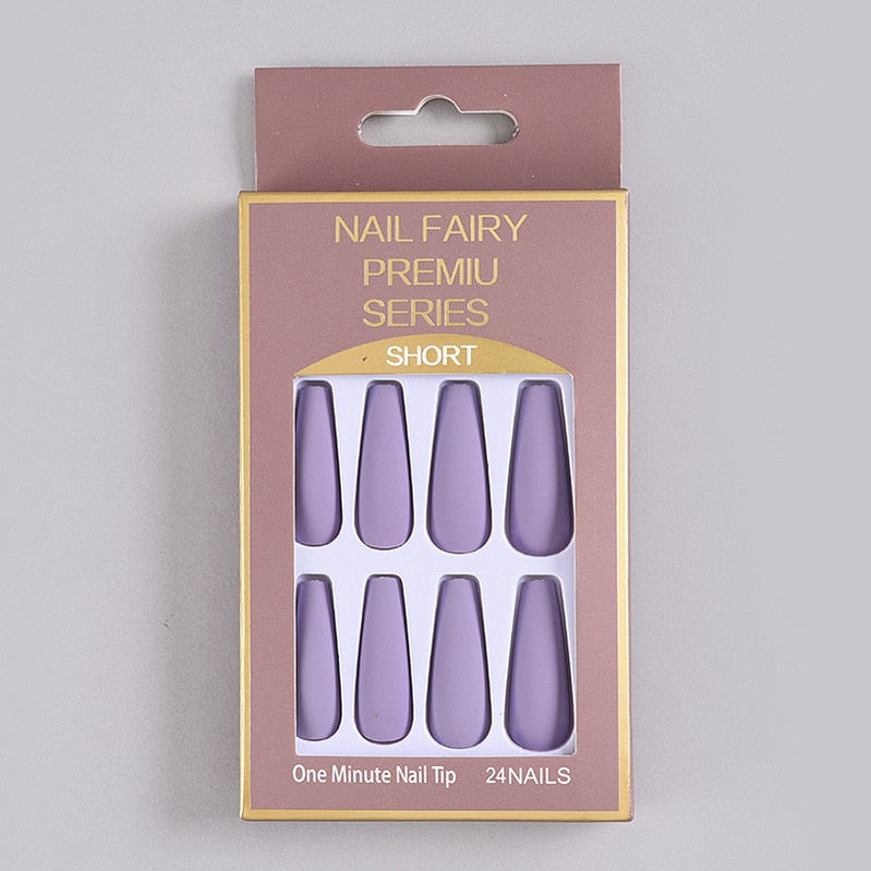 24Pcs/Box Matte Frosted False Nails Detachable Fake Nail Press On Full Cover Nail Tips With Glue Ballet Artificial Fingernails HZ-BL-A11