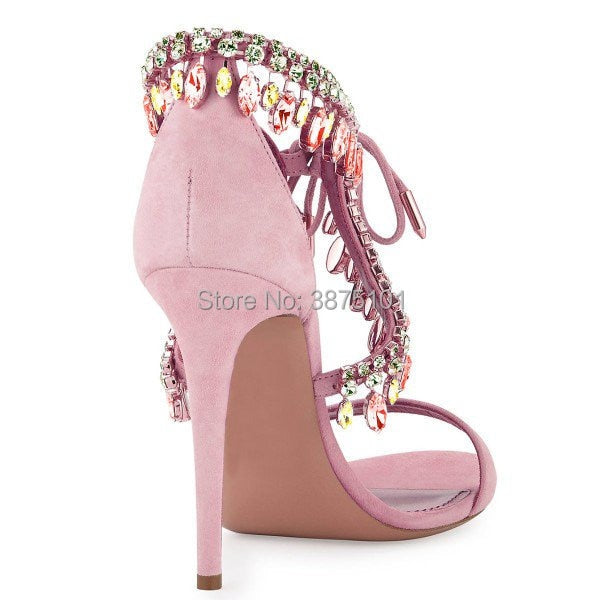 Crystal Tassel Sandals Strap Suede Women Summer Shoes Cross Diamond Stiletto Mujer Party 8cm and 10cm Pumps Big Size Euro 42