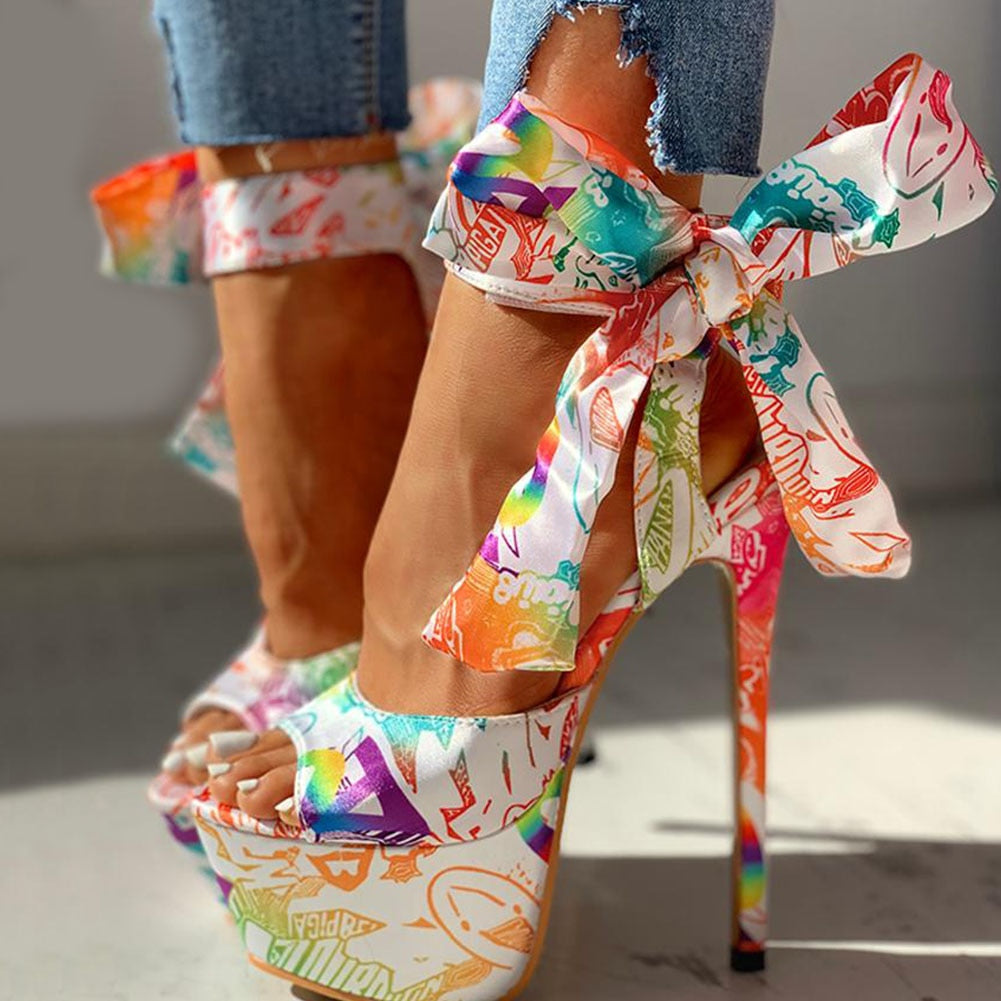 Sexy Shoes Print Super Thin High Heels Shoes Sandals Women Summer Party Platform Ankle-wrap Woman Sandals Female