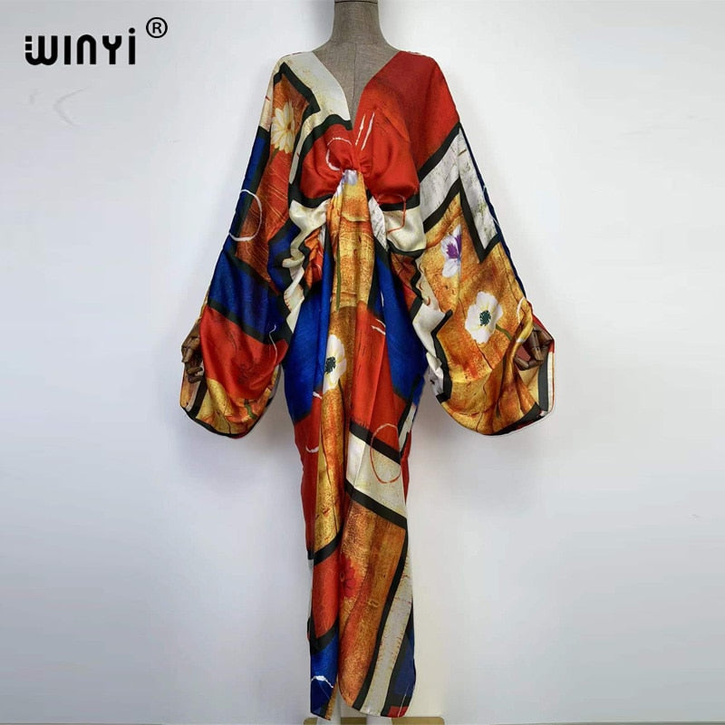 Sexy bech hand-rolled feel silk rayon fashion print Maxi Women's robes long beach V-neck Bohemian dress 17 One Size