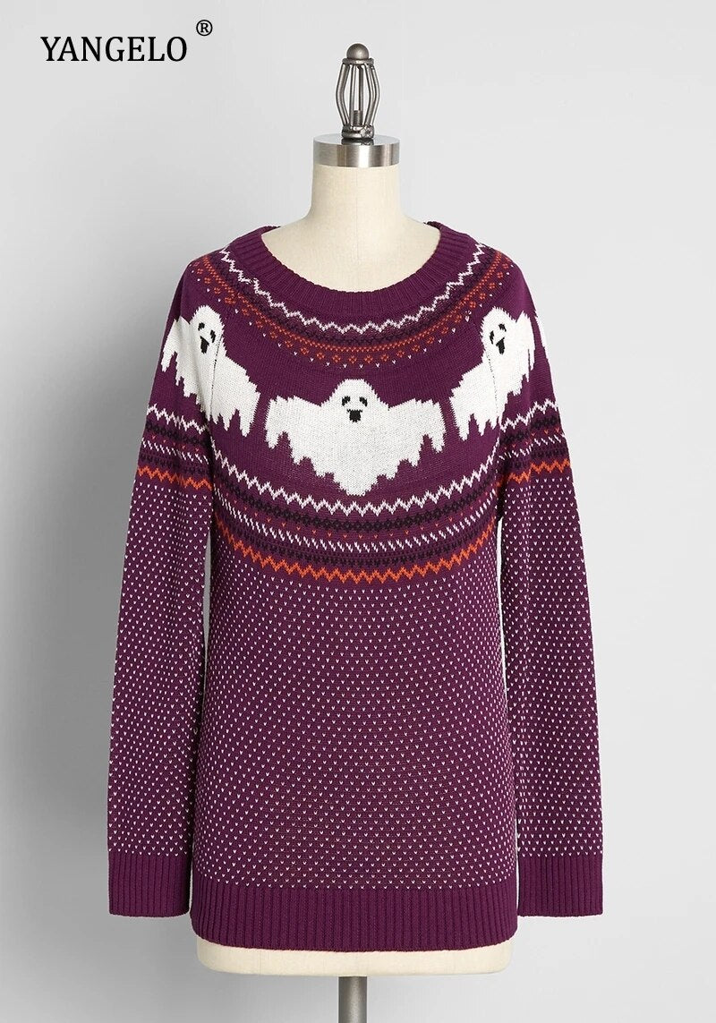 Y2k Sweaters Women Halloween's Clothes Gothic Ghost Knitted Pullover for Autumn Winter Purple Streetwear Girl's Top Violet One Size
