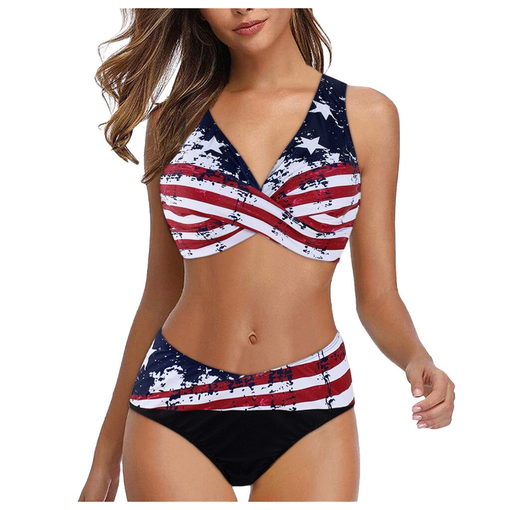 Swimwear women Padded Push-up Bra Bikini Set American flag Print sexy Swimsuit Low Waist Bathing Suit Swimming suit for women XXL