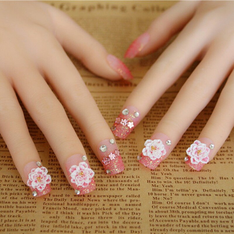 24pcs False Nails Floral Beads Decorated Artificial Nail Tips Bride Reusable Fingernails Fake Nail Press On Nail накладные ногти 15