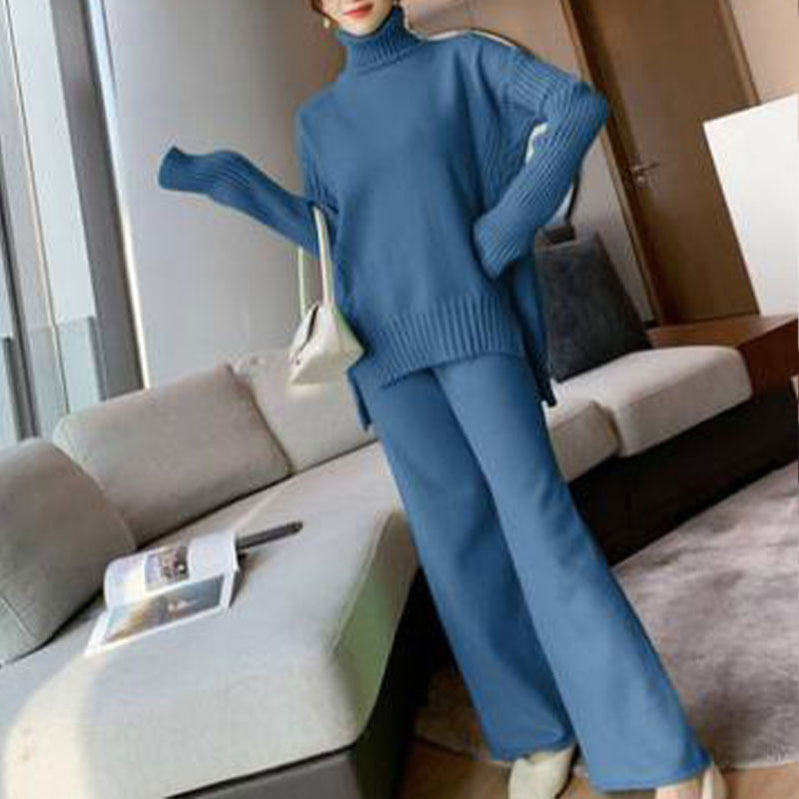 Sweater Set Women Tracksuit Spring Autumn Knitted Suits 2 Piece Set Warm Turtleneck Sweater Pullovers Wide Legs Pants Blue