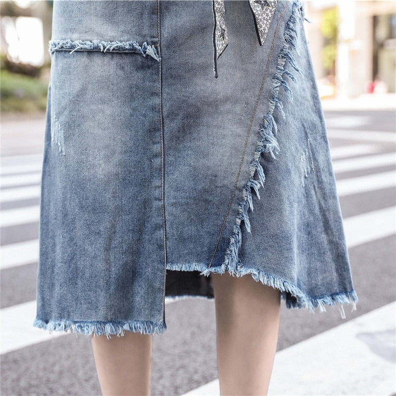 S-5XL Women Denim Skirt Spring Summer 2023 Fashion Casual Medium-long Package hip Irregular hem Slim Waist Skirts Jeans Female