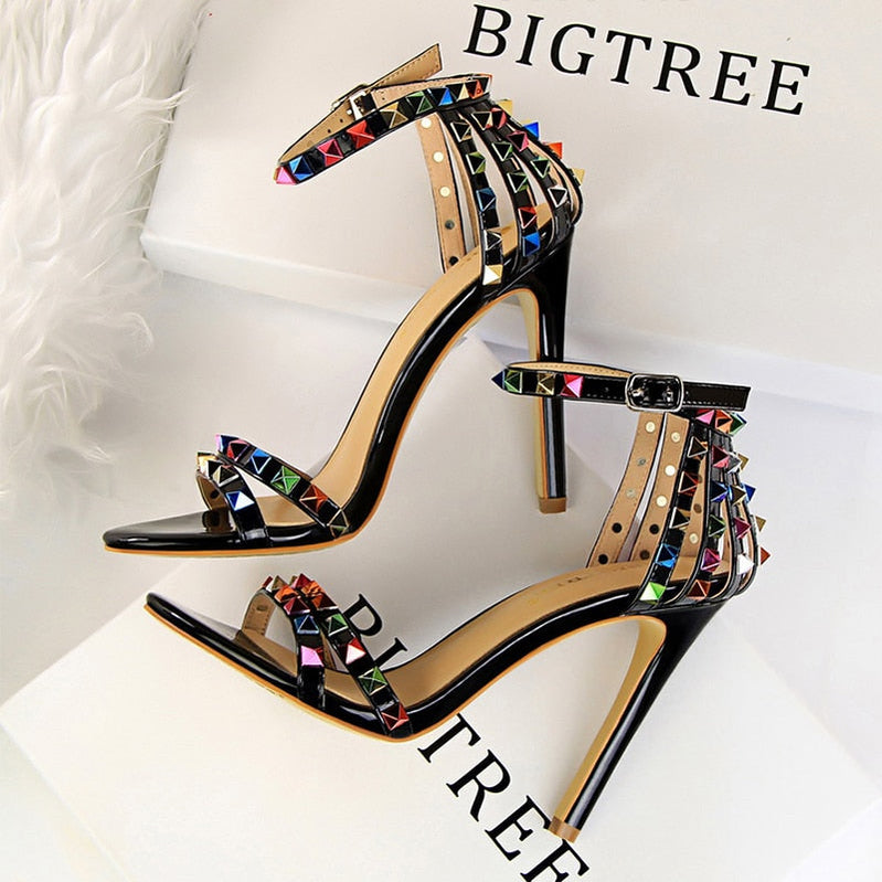 Shoes Color Rivets Women Sandals Roman Style Heeled Sandals Hollow Out High Heels Stiletto Sexy Party Shoes Sandals black