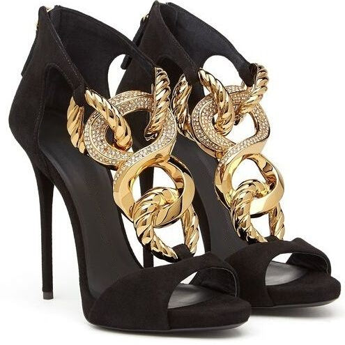 Cross Golden Chain Sandals Brand Design High Heel Sandalias Mujer Gladiator Black Suede Sandal Women Peep Toe Summer Shoes