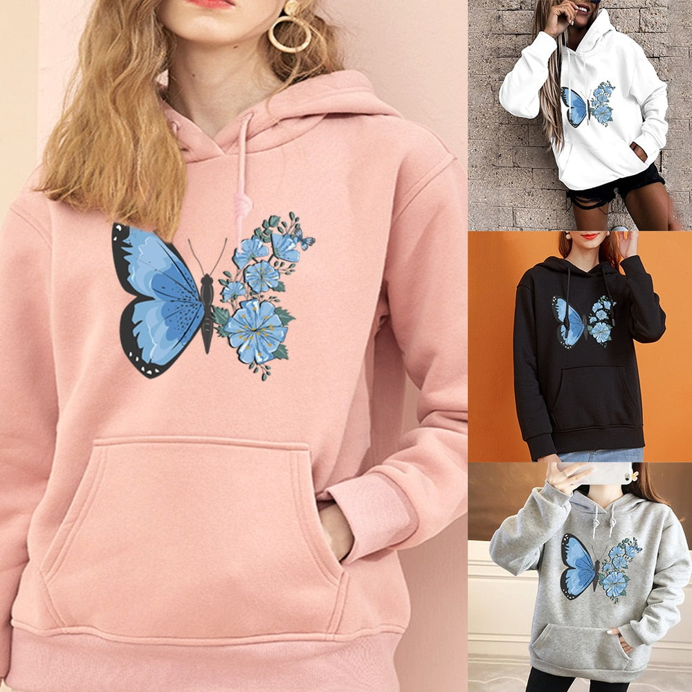 Hoodie Women's Fashion Sports Pullover Fall Long Sleeve Base Pullover Girls Casual Sports Hoodie Butterfly Print Tops