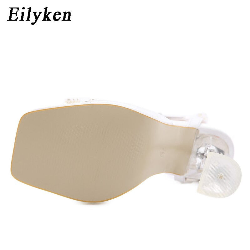 Eilyken New Women Sandals Summer Sexy Perspex Crystal High Heels Party Wedding Shoes Square Toe Pearls String Bowknot Pumps