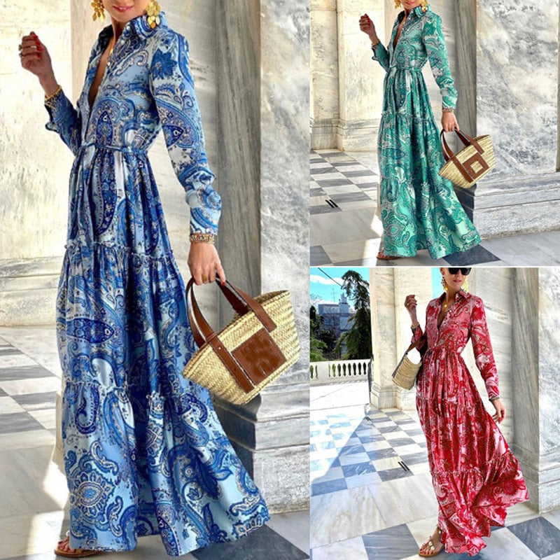Summer Loose Boho Maxi Beach Dress Sexy Turn-down Collar Button Long Shirt Dress Women Spring Floral Print Pleated Party Dresses