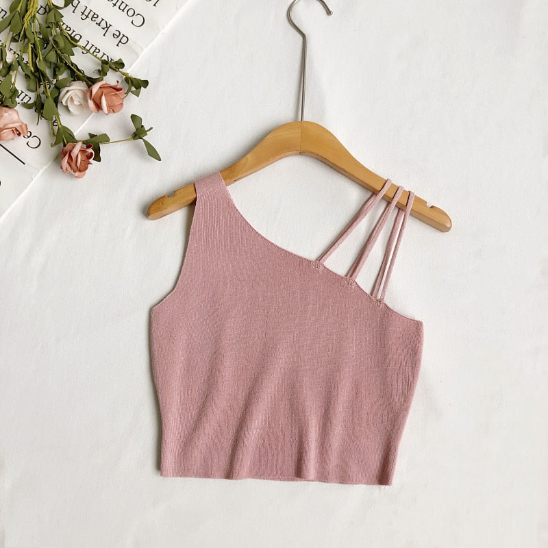 Heiar Women Plain Sexy Crop Tops Knitted Halter Tops Y2K Camisoles Off Shoulder Tube Tops Cute Candy Tops For Women 2023 Summer PINK One Size