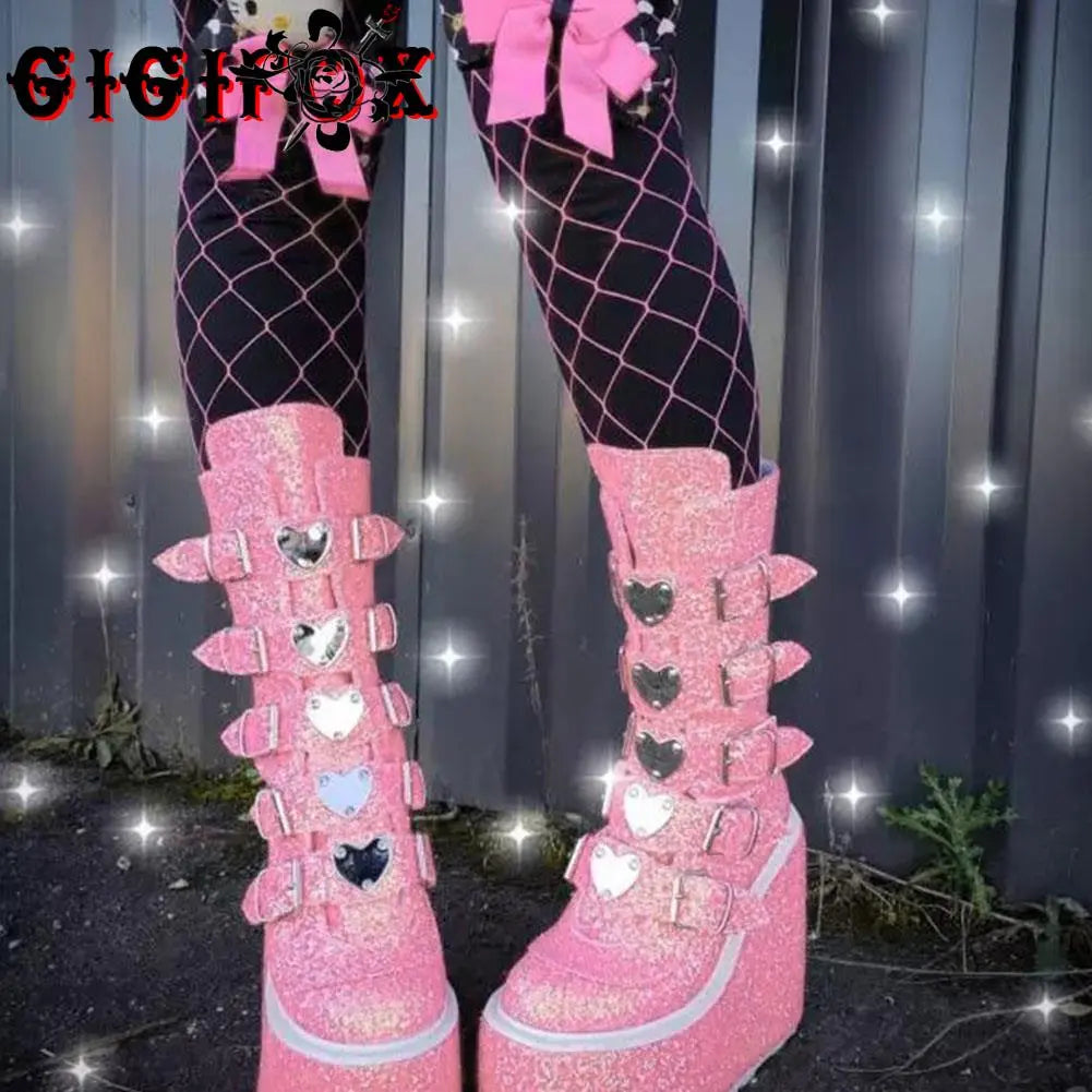 GIGIFOX Brand New Big Size 43 Black Pink Goth Cool Punk Motorcycle Boots Platform Wedges High Heels Chunky Boots Women Shoes