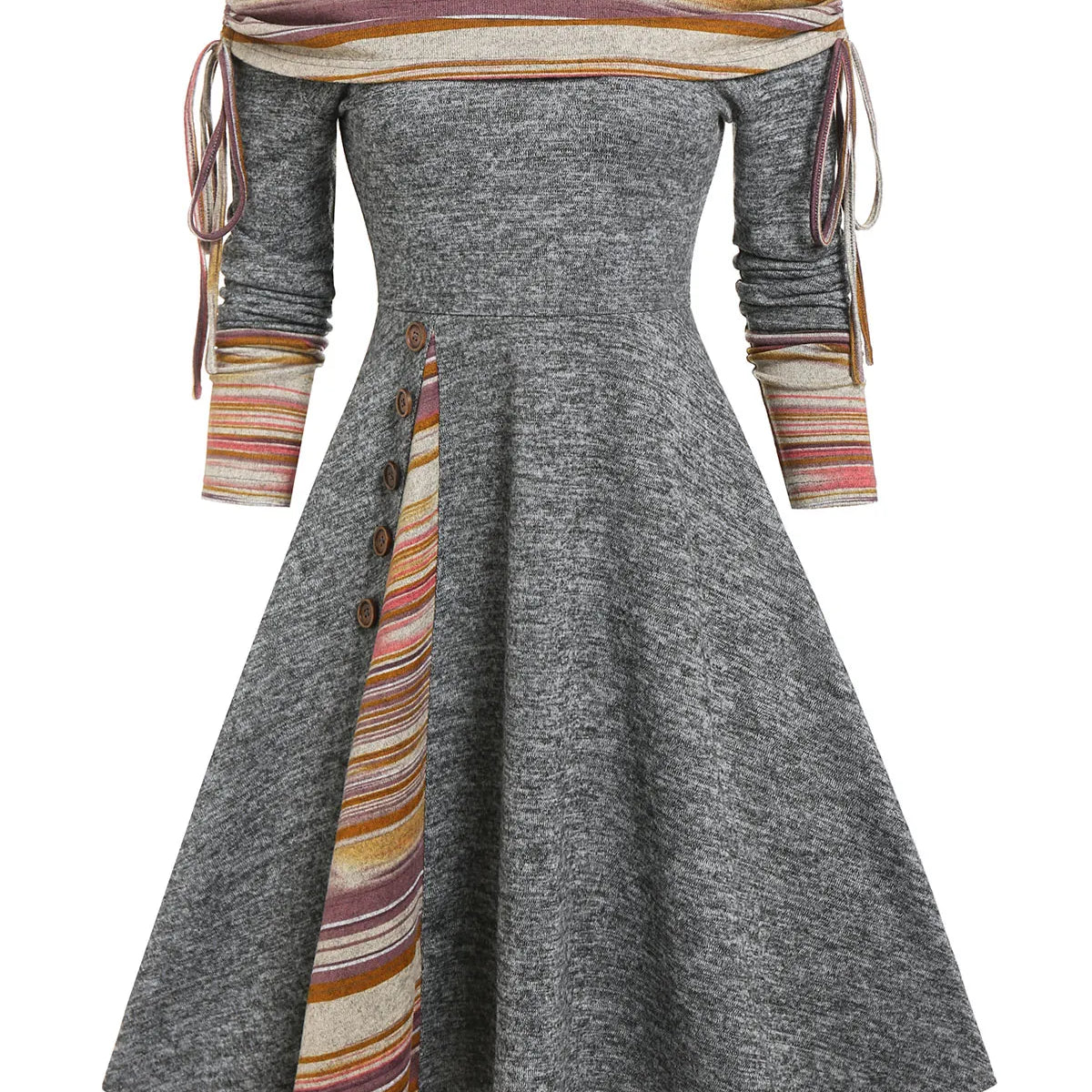 Convertible Cinched Striped Flare Dress Foldover Off The Shoulder Knitted Dresses Women Long Sleeve Jurken