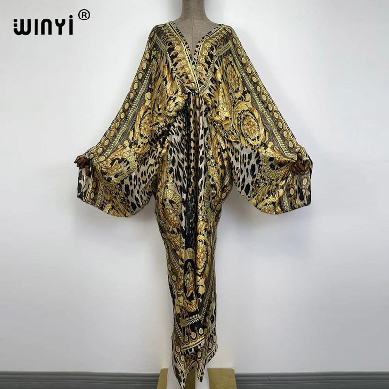 Sexy bech hand-rolled feel silk rayon fashion print Maxi Women's robes long beach V-neck Bohemian dress 2 One Size