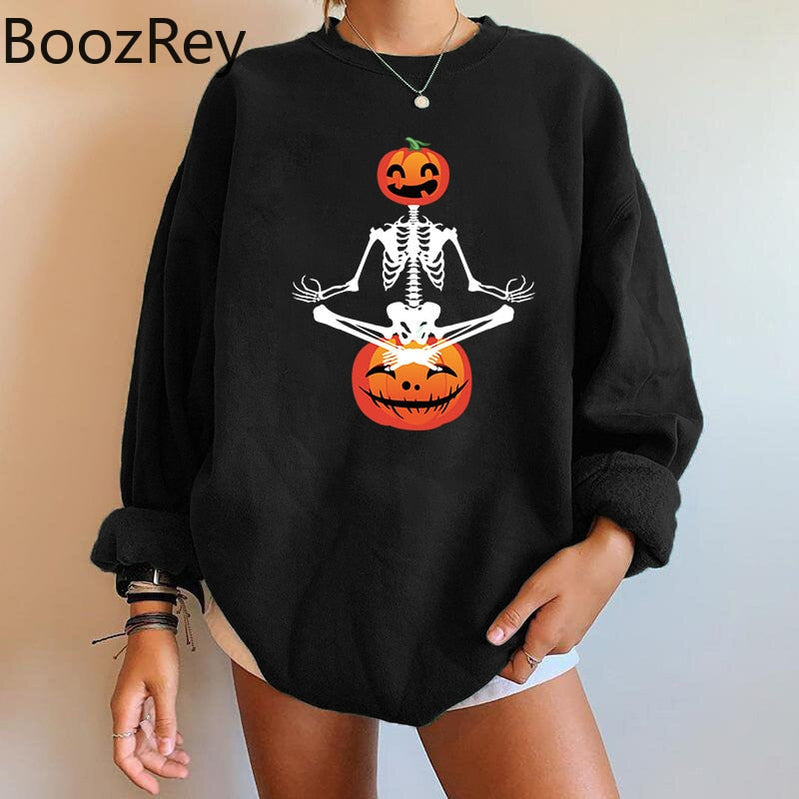 BoozRey Halloween Women Falling Shoulder Sweater Skeleton Pumpkin Head Ghost Face Sweater Long Sleeve Women Top Party Outfits - Basso & Brooke